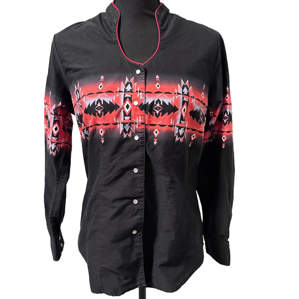Women's Western Blouse Top Black With Red Aztec Print Size Large Long Sleeve‎